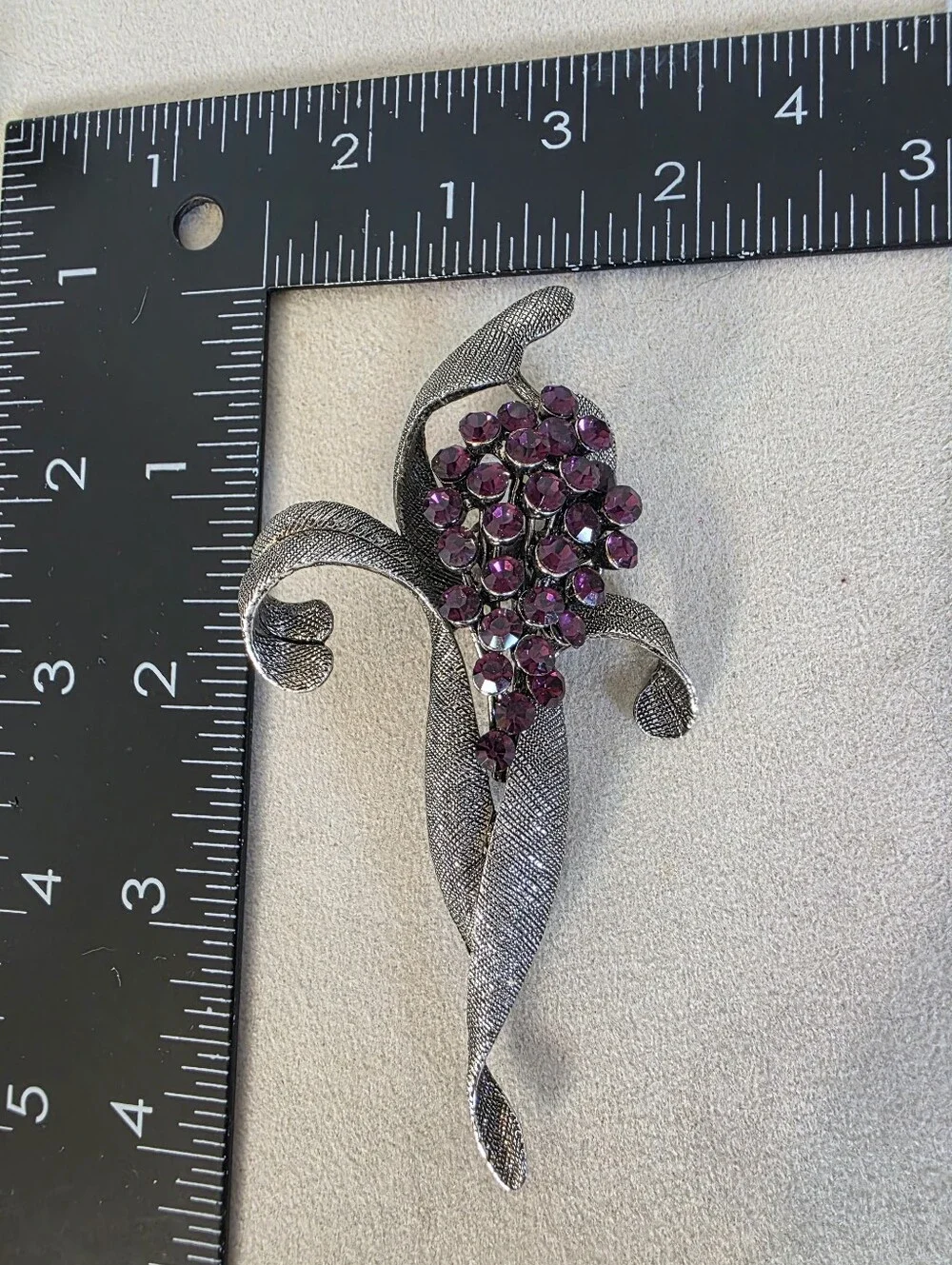 Vintage Purple Rhinestone Floral Bouquet Brooch Antiqued Silver Tone Pin